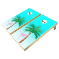 Tropical Pink Flamingo Palm Tree Scene Corn Hole Cornhole Set