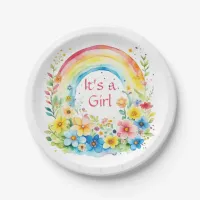 Watercolor Rainbow and Flowers It's a Girl Paper Plates