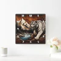 Tiger by River in Mountain Scene Square Wall Clock