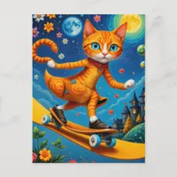 Skateboarding Surreal Ginger Cat Postcard