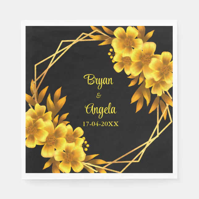 Autumn romance black & gold floral geometric fall napkins