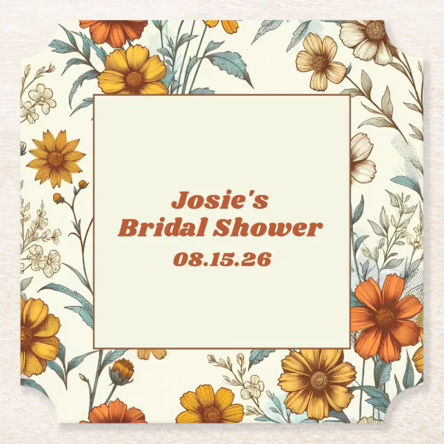 Vintage Floral 70s Inspired Timeless Bridal Shower Paper Coaster