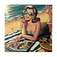 Retro Woman at Beach reading a Fashion Magazine Ceramic Tile