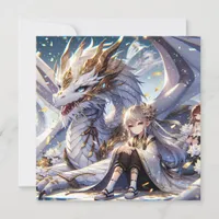 Anime Girl and White and Gold Dragon