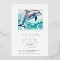 Tropical Dolphin Coastal Baby Shower Foil Invitation