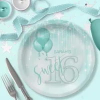 String Lights & Balloons Sweet 16 Teal ID473 Paper Plates