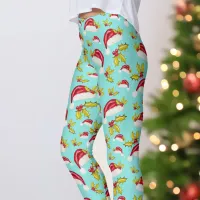 Retro Blue Red Santa Hat Holly Berries Christmas Leggings