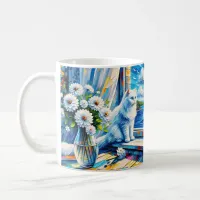 White Cat in Window sill Looking out at the Ocean Coffee Mug