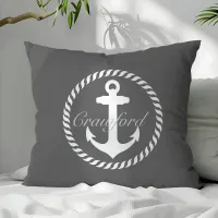 Preppy Dark Gray & White Nautical Anchor Monogram Throw Pillow