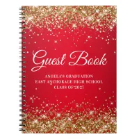 Gold Glitter Red Glam Gradient Graduation Guest Notebook