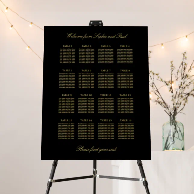 Black Golden Beige 16 Table Seating Chart Foam Board