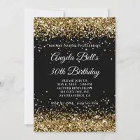 Faux Sparkly Gold Glitter Black 30th Birthday Invitation