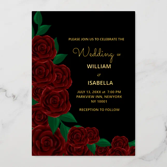 Romantic Fall outdoor  wedding gorgeous Red roses Foil Invitation