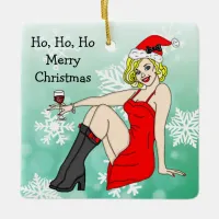 Ho Ho Ho Merry Christmas Pretty Pinup Girl Ceramic Ornament