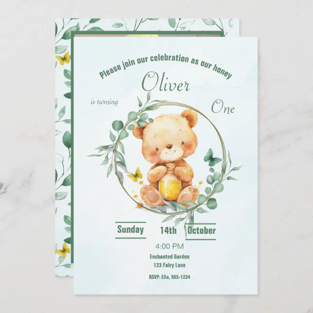 Cute Bear Honey Greenery Boy Photo Birthday  Invitation