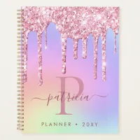 Holographic Pink Glitter Drips Elegant Monogram  Planner