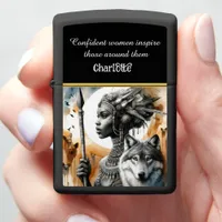 A fierce warrior woman stands with a majestic wolf zippo lighter