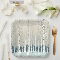 Snowy Birch Trees Christmas Teal ID1003 Paper Plates