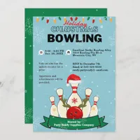 Holiday Christmas Bowling LT Blue Green Snow Party Invitation