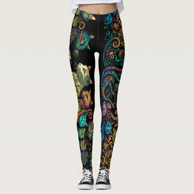 Stylized Cat Tribe Colors on Black Frieze Leggings