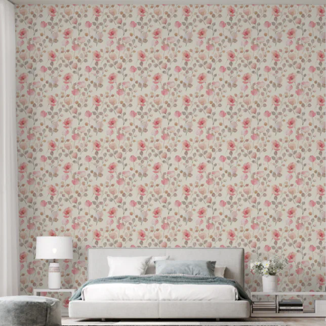 Pink And Beige Watercolor Floral Seamless Pattern Wallpaper