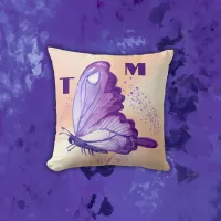 Pretty Butterflies in Purple on Pink Monogram | Throw Pillow