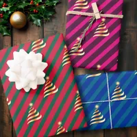 Christmas Golden Tree Multicolor Stripe Wrapping Paper Sheets