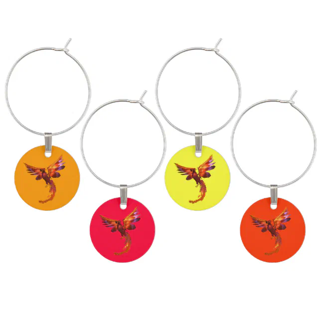 Colorful Phoenix Flying Against a Fiery Background Wine Glass Charm