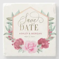 Burgundy Blush Gold Floral Save the Date Stone Coaster