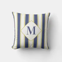 Hamptons Blue White and Gold Striped Yacht Throw Pillow