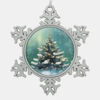 Beautiful Christmas Tree with Snow and Gold Lights Snowflake Pewter Christmas Ornament