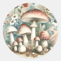 Whimsical Watercolor Vintage Mushrooms and Flowers Classic Round Sticker