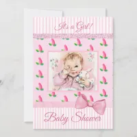 Vintage Baby Pink  Rosebuds Baby Shower Invitation