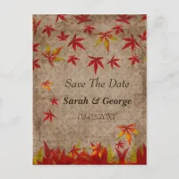 falling maple leaves save the date announcement postcard