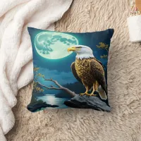 Eagle Perched On Rock Beneath Full Moon Throw Pillow