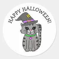 Happy Halloween Cat  in Witch's Hat Classic Round Sticker