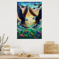 Two Bald Eagles Catching Fish Over a Vibrant River Poster