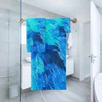 Abstract, modern, turquoise mosaic bath towel set