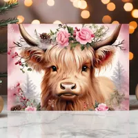 Festive Watercolor Highland Cow with Pink Roses Holiday Card