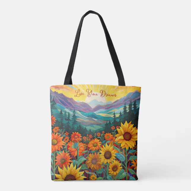 Sunflower Valley Mountains Painting Quotes Tote Bag
