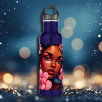 Pretty Woman of Color with Pink Flowers  Stainless Steel Water Bottle