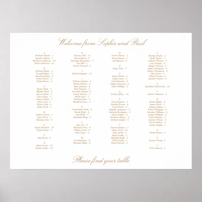 White Golden Beige Alphabetical Seating Chart