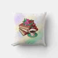 Coffee and Stack of Books Throw Pillow