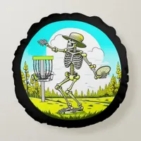 Never Too Old to Disc Golf | Skeleton Throwing Round Pillow