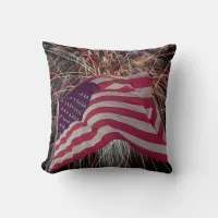 American Flag and Fireworks Throw Pillow