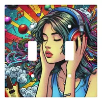 Girl Listening to Music on Headphones Psychedelic Light Switch Cover