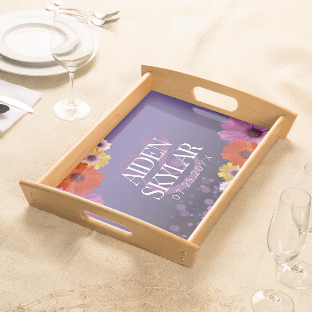 Elegant Daisies with Purple Glitter Wedding Serving Tray