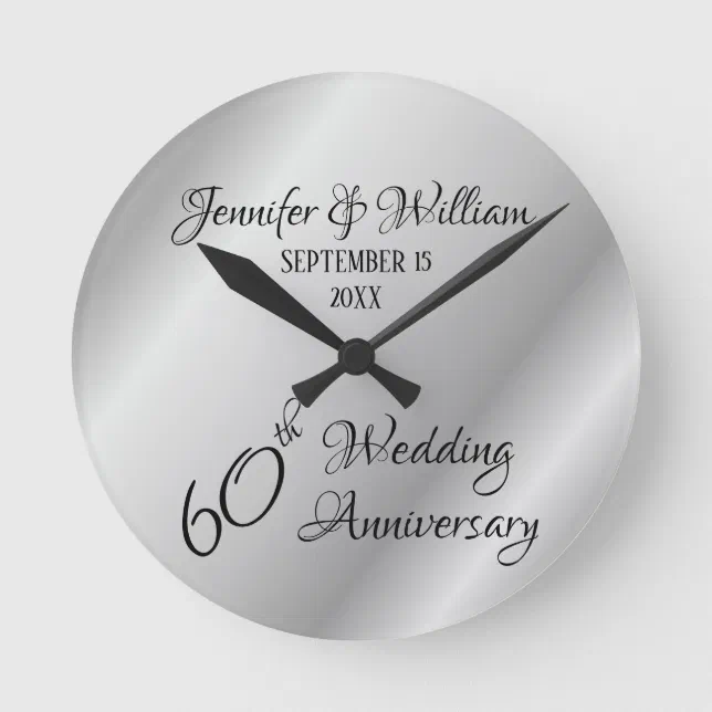 Elegant Silver Custom 60th Wedding Anniversary Round Clock