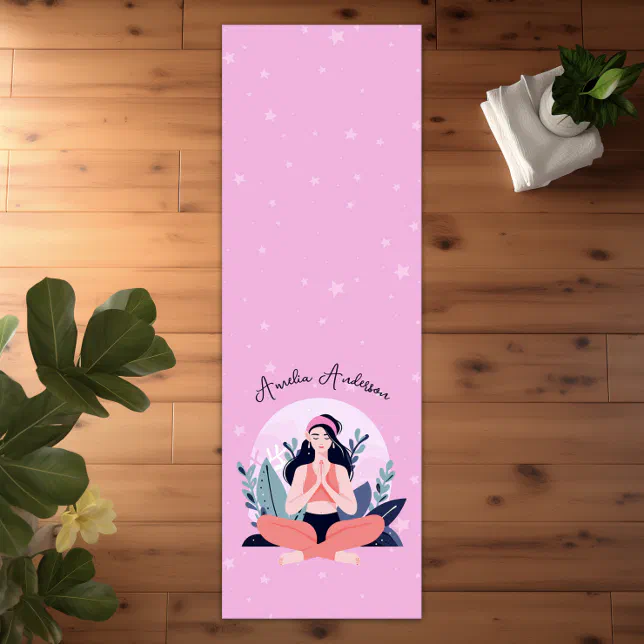 Pink & Blue Cute Girl in Meditation with Flowers Yoga Mat