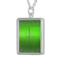 Green Brushed Metal Glitter Monogram Simple | Sterling Silver Necklace